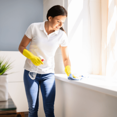 a woman in white t shirt is cleaning a countertop