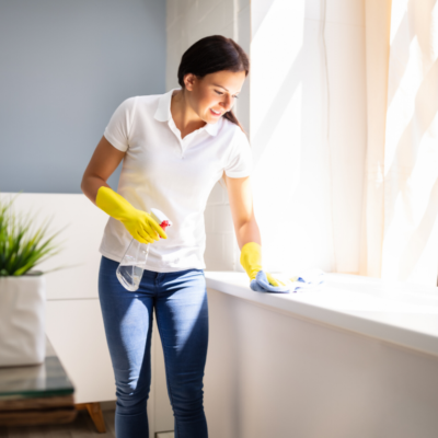 Photograph of a woman while cleaning