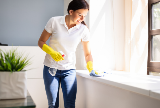 Photograph of a woman while cleaning